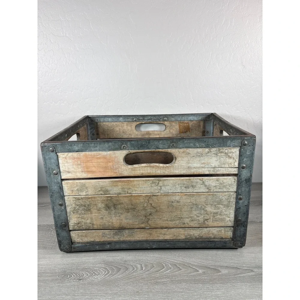 Vintage Roberts Wood Dairy Milk Crate Metal Reinforced Industrial Storage Box